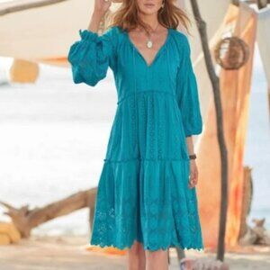 NEW Sundance Tolani PM M Petite Eyelet Tiered Turquoise Vivi Dress